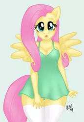 Size: 687x1000 | Tagged: anthro, artist:kulli, clothes, derpibooru import, dress, fluttershy, safe, solo, sundress, thigh highs