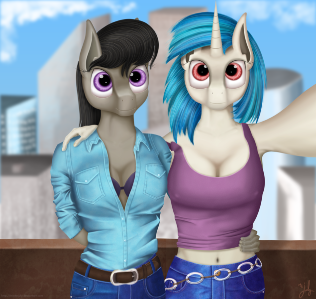 Size: 3650x3451 | Tagged: suggestive, artist:misterjuly, derpibooru import, octavia melody, vinyl scratch, anthro, belly button, belt, blue jeans, bra, braless, breasts, cleavage, clothes, female, jeans, lesbian, pants, scratchtavia, selfie, shipping, unbuttoned, uncanny valley, underwear