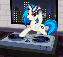 Size: 800x724 | Tagged: safe, artist:mysticgaia, derpibooru import, vinyl scratch, pony, unicorn, female, headphones, hooves, horn, mare, mixing console, smiling, solo, sunglasses, teeth, turntable, window