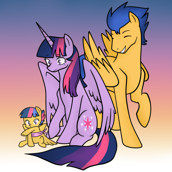 Size: 1600x1600 | Tagged: safe, artist:kianamai, artist:mutant-girl013, derpibooru import, flash sentry, twilight sparkle, twilight sparkle (alicorn), oc, oc:starburst, alicorn, pony, kilalaverse, bound wings, colored, cute, eyes closed, female, flashlight, male, mama twilight, mare, next generation, offspring, papa flash, parent:flash sentry, parent:twilight sparkle, parents:flashlight, ribbon, shipping, sitting, smiling, spread wings, straight