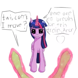 Size: 800x800 | Tagged: suggestive, artist:espadaulquiorrafan, derpibooru import, twilight sparkle, oc, oc:anon, oc:anonfilly, anon pony, dialogue, evil grin, female, filly, grin, imminent rape, looking at you, magic, magic abuse, magical bondage, male, male pov, offscreen character, pov, smiling, speech bubble