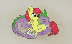 Size: 1000x622 | Tagged: dead source, safe, artist:irigulus, derpibooru import, apple bloom, spike, book, female, male, missing accessory, older, shipping, spikebloom, straight