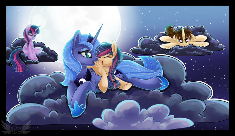 Size: 1900x1100 | Tagged: safe, artist:blackfreya, derpibooru import, princess luna, twilight sparkle, twilight sparkle (alicorn), oc, oc:mayday parker sparkle, alicorn, pony, boop, crossover, crossover shipping, female, mare, night, noseboop, offspring, parent:peter parker, parent:twilight sparkle, parents:spidertwi, peter parker, s1 luna, spider-man, spiders and magic ii: eleven months, spiders and magic: rise of spider-mane, spidertwi