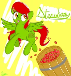 Size: 1174x1261 | Tagged: safe, artist:wuzzlefluff, derpibooru import, oc, oc:strawberry, unofficial characters only, pegasus, pony, barrel, strawberries