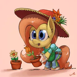 Size: 1500x1500 | Tagged: anthro, apron, artist:docwario, clothes, derpibooru import, flower, flower pot, fluttershy, gloves, hat, holding, looking at you, pants, potted plant, safe, solo