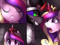Size: 1280x960 | Tagged: safe, artist:meggchan, derpibooru import, king sombra, princess cadance, pony, comic:princess cadance x king sombra, :o, comic, explicit source, eye contact, eyes closed, female, glare, grin, horn ring, magic suppression, male, open mouth, scared, shipping, smirk, somdance, straight, wide eyes
