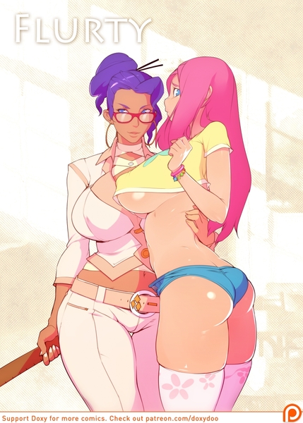 Size: 929x1300 | Tagged: questionable, artist:doxy, derpibooru import, fluttershy, rarity, human, comic:flurty, accessories, alternate hairstyle, ass, belly button, belt, big breasts, bimbo, blazer, blue eyes, booty shorts, bracelet, breasts, busty fluttershy, busty rarity, classroom, cleavage, clothes, comic, curvy, cutie mark clothes, ear piercing, earring, erect nipples, eyebrows, eyelashes, female, fingernails, flarity, flustered, glasses, holding, hourglass figure, huge breasts, humanized, jewelry, lesbian, light skin, looking at you, nail polish, nipple outline, nudity, paddle, patreon, piercing, pink hair, purple hair, ruler, sexy, shipping, shorts, sluttershy, stupid sexy fluttershy, stupid sexy rarity, thigh highs, underboob, wedgie
