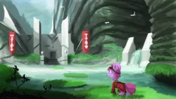 Size: 4000x2250 | Tagged: artist:fuzzyfox11, berry punch, berryshine, building, clothes, derpibooru import, exploring, forest, goggles, river, safe, temple