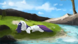 Size: 4000x2250 | Tagged: artist:fuzzyfox11, derpibooru import, eyes closed, grass, happy, nature, rarity, safe, scenery, sleeping