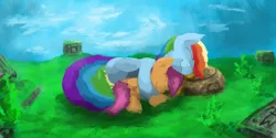 Size: 5000x2500 | Tagged: artist:fuzzyfox11, derpibooru import, rainbow dash, safe, scenery, scootaloo, scootalove, sleeping, snuggling