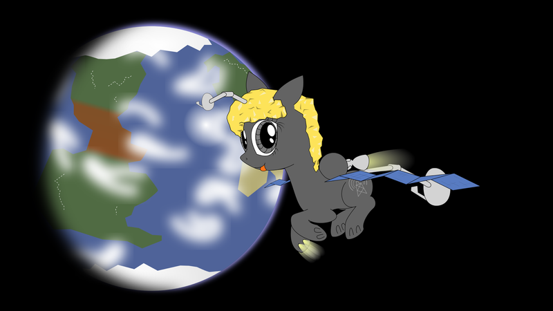 Size: 1920x1080 | Tagged: antenna, artist:eagle1division, camera, camera eyes, earth, equestria, equus, flying, foil, gold foil, orbit, original species, parabolic reflector, rocket, safe, satellite, satellite dish, solar array, space