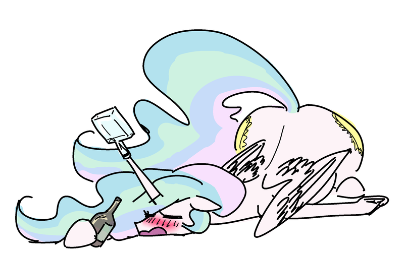 Size: 2503x1570 | Tagged: alcohol, artist:nobody, both cutie marks, bottle, derpibooru import, drink, drunk, drunklestia, horn grab, majestic as fuck, princess celestia, safe, sleeping, solo