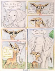 Size: 786x1016 | Tagged: affection, animal in mlp form, antelope, artist:thefriendlyelephant, big ears, big eyes, blushing, boop, comic, comic:friends of all sizes, cute, derpibooru import, duo, elephant, gerenuk, hug, oc, oc:nuk, oc:obi, safe, traditional art, tree, trunkboop, trunkhug, unofficial characters only