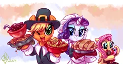 Size: 1280x671 | Tagged: safe, artist:whitediamonds, derpibooru import, applejack, fluttershy, rarity, earth pony, pegasus, pony, turkey, unicorn, apple pie, bonnet, clothes, female, food, freckles, hat, lesbian, looking at you, mare, one eye closed, open mouth, pie, pilgrim hat, pilgrim outfit, rarijack, rarijack daily, shipping, thanksgiving, wink