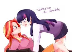 Size: 1250x900 | Tagged: suggestive, artist:gyaheung, derpibooru import, sunset shimmer, twilight sparkle, twilight sparkle (alicorn), human, blushing, breasts, engrish, humanized, shipping, sunsetsparkle