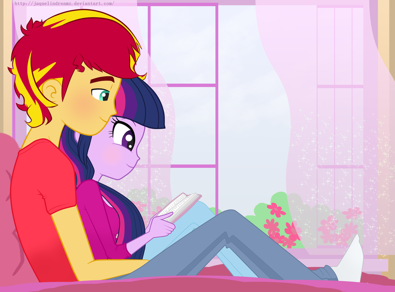 Size: 4144x3072 | Tagged: safe, artist:jaquelindreamz, derpibooru import, sunset shimmer, twilight sparkle, twilight sparkle (alicorn), equestria girls, equestria guys, female, half r63 shipping, male, reading, rule 63, shipping, straight, sunset glare, sunsetsparkle, twiglare