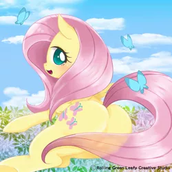 Size: 960x960 | Tagged: suggestive, artist:dun, derpibooru import, fluttershy, butterfly, pegasus, pony, blue eyes, blushing, cloud, covering, cute, cutie mark, eyelashes, female, flutterbutt, mare, no pupils, open mouth, pink mane, plot, scenery, shyabetes, sky, smiling, solo, tail covering, wings