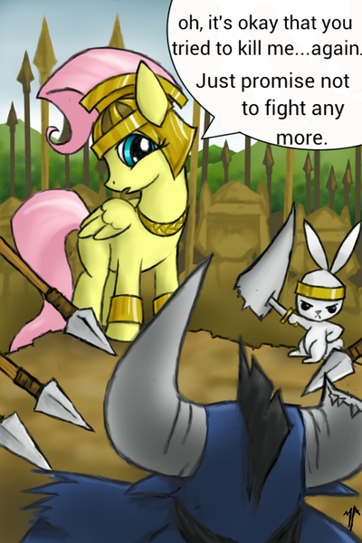 Size: 853x1280 | Tagged: angel bunny, artist:wedgeantilleshzdgj, captain moroni, derpibooru import, fluttershy, iron will, mormons, religion, safe, spear