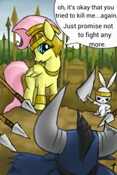 Size: 853x1280 | Tagged: angel bunny, artist:wedgeantilleshzdgj, captain moroni, derpibooru import, fluttershy, iron will, mormons, religion, safe, spear