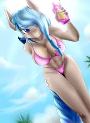 Size: 2040x2807 | Tagged: suggestive, artist:bludraconoid, derpibooru import, oc, oc:glimmer palette, unofficial characters only, anthro, bat pony, abs, anthro oc, beach, big breasts, bikini, breasts, cleavage, clothes, crepuscular rays, female, hair over one eye, looking at you, looking down, nail polish, palm tree, solo, solo female, sunscreen, swimsuit, tongue out