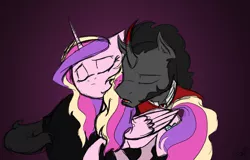 Size: 2211x1417 | Tagged: artist:assassin-or-shadow, derpibooru import, eyes closed, king sombra, messy mane, nuzzling, open mouth, princess cadance, raised hoof, safe, shipping, somdance