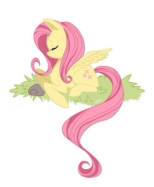 Size: 1567x1899 | Tagged: safe, artist:midnightgospel, derpibooru import, fluttershy, eyes closed, image, png, prone, simple background, solo