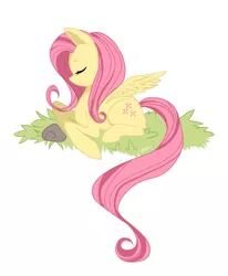 Size: 1567x1899 | Tagged: safe, artist:midnightgospel, derpibooru import, fluttershy, eyes closed, image, png, prone, simple background, solo