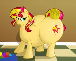 Size: 1250x1000 | Tagged: suggestive, artist:bigponiesinc, derpibooru import, sunset shimmer, pony, ball pit, crown, fat, female, large butt, obese, plot, slobset shimmer, solo, solo female, unamused, wide hips