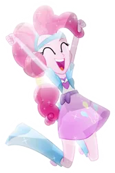 Size: 1024x1529 | Tagged: dead source, safe, artist:meteor-spark, derpibooru import, pinkie pie, equestria girls, .svg available, balloon, boots, clothes, crystallized, eyes closed, happy, headband, high heel boots, jumping, open mouth, ponytail, skirt, solo, sparkles