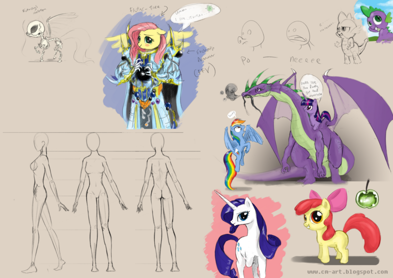 Size: 1600x1131 | Tagged: anatomy, anthro, apple, apple bloom, artist:chun man, derpibooru import, exdeath, final fantasy, final fantasy v, fluttershy, fluttertree, human, moustache, older, older spike, rainbow dash, rarity, safe, skeleton, sketch dump, spike, twilight sparkle