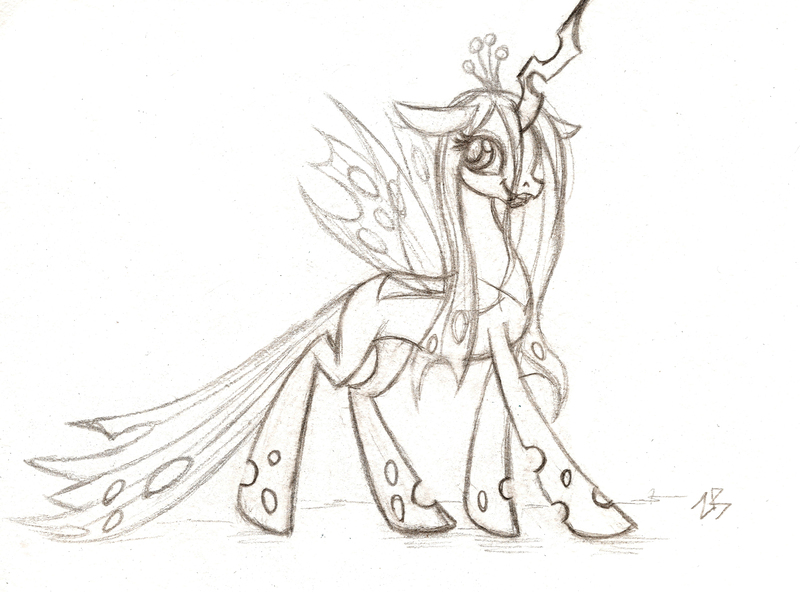 Size: 4000x2960 | Tagged: artist:zarielcharoitite, changeling, changeling queen, derpibooru import, female, monochrome, queen chrysalis, safe, simple background, sketch, solo, traditional art