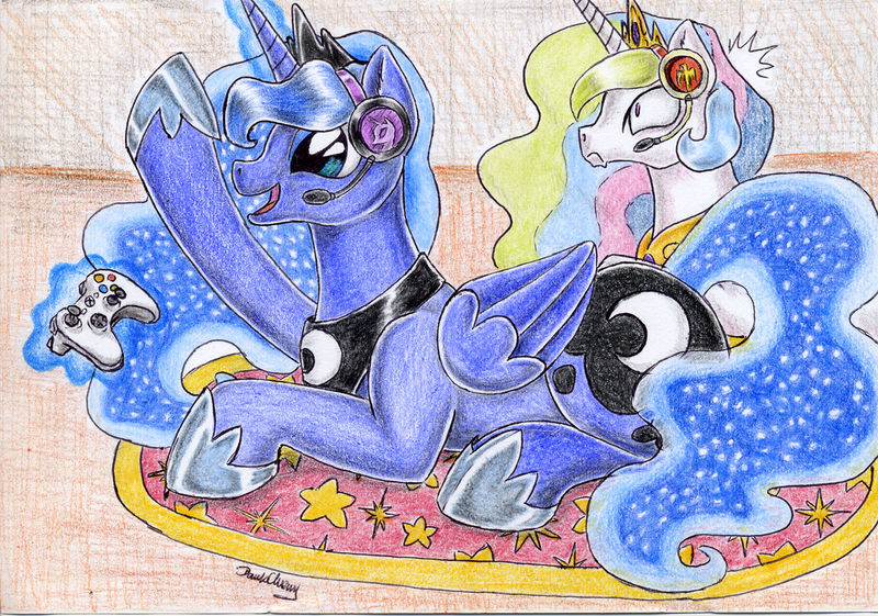 Size: 1024x718 | Tagged: artist:darkcherry87, :c, controller, derpibooru import, gamer celestia, gamer luna, headset, magic, princess celestia, princess luna, prone, safe, telekinesis, traditional art