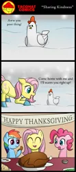 Size: 596x1341 | Tagged: safe, artist:10art1, derpibooru import, fluttershy, pinkie pie, rainbow dash, chicken, earth pony, pony, ass up, chicken meat, comic, cooked, cute, dead, death, eyes closed, female, food, mare, ponies eating meat, thanksgiving, wingless