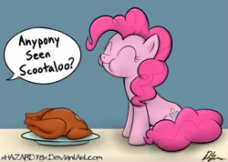 Size: 1001x711 | Tagged: safe, artist:xhazard78x, derpibooru import, pinkie pie, earth pony, pony, chewing, chicken meat, cooked, dead, dialogue, eating, eyes closed, female, food, implied cannibalism, implied death, implied hard vore, implied scootachicken, implied scootaloo, mare, meat, offscreen character, ponies eating meat, scootachicken, sitting, solo, text, thanksgiving