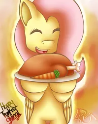 Size: 1945x2449 | Tagged: safe, artist:arties-paint-game, derpibooru import, fluttershy, pegasus, pony, turkey, bipedal, carrot, cooked, dead, eyes closed, female, food, mare, meat, ponies eating meat, smiling, solo, thanksgiving