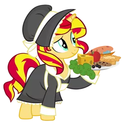 Size: 900x900 | Tagged: safe, artist:pixelkitties, derpibooru import, sunset shimmer, pony, unicorn, apple, bonnet, cheese, clothes, dress, food, maid, olive, pie, pilgrim outfit, simple background, solo, thanksgiving, transparent background, vector