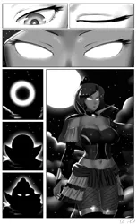 Size: 1000x1634 | Tagged: artist:lvl, belly button, breasts, cleavage, comic, comic:life master saga, derpibooru import, female, fishnets, glowing eyes, human, humanized, monochrome, moon, princess luna, safe, solo, stars, translation