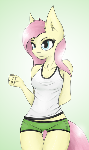 Size: 821x1374 | Tagged: anthro, artist:ninjapony, clothes, derpibooru import, female, fluttershy, gradient background, safe, solo, sports shorts, tanktop, underass