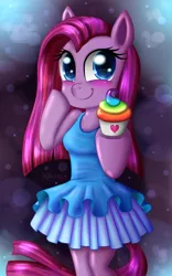 Size: 750x1200 | Tagged: anthro, artist:leffenkitty, clothes, cupcake, dress, fanfic:cupcakes, hooves, pinkamena diane pie, pinkie pie, rainbow cupcake, safe, smiling, solo