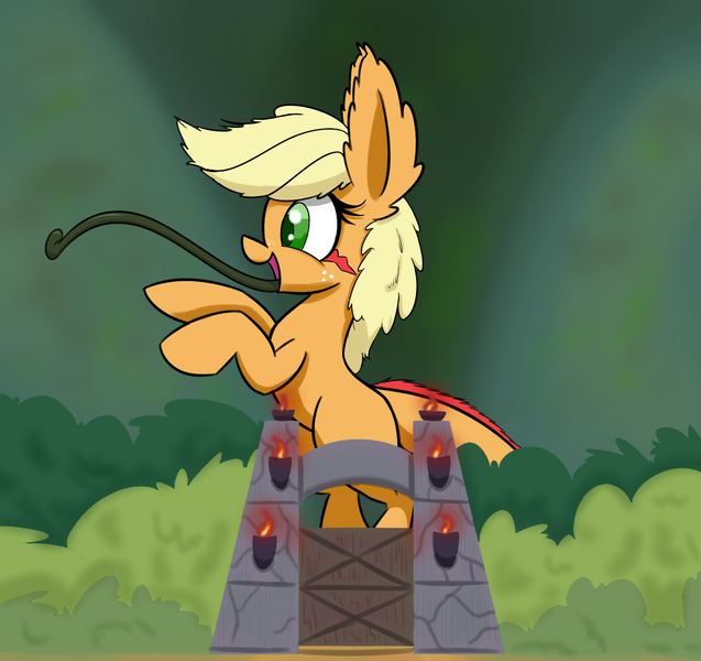 Size: 1280x1205 | Tagged: safe, artist:heir-of-rick, derpibooru import, applejack, monster pony, original species, pony, tatzlpony, daily apple pony, bipedal, ear fluff, impossibly large ears, jurassic park, jurassic world, tatzljack