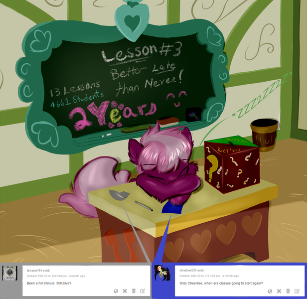 Size: 924x900 | Tagged: artist:frist44, ask, box, chalkboard, cheerilee, cheerilee-s-chalkboard, derpibooru import, fluffy, followers, safe, sleeping, tumblr