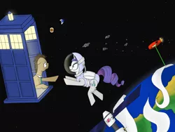 Size: 1024x768 | Tagged: artist:weronika2808, astronaut, doctor who, doctor whooves, gravity, orbit, rarity, safe, space, space core, spacesuit, tardis, time turner, wheatley