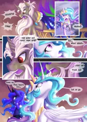 Size: 1100x1535 | Tagged: safe, artist:falleninthedark, derpibooru import, discord, princess celestia, princess luna, alicorn, unicorn, comic:twists and turns, beard, comic, curved horn, discord is star swirl, facial hair