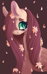 Size: 682x1075 | Tagged: artist:marshmellowcannibal, crying, derpibooru import, flower in hair, fluttershy, hair over one eye, safe, simple background, solo