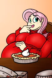 Size: 1000x1500 | Tagged: artist:bigponiesinc, bbw, belly, breasts, clothes, derpibooru import, fat, fattershy, female, fluttershy, human, humanized, no source available, obese, pumpkin pie, safe, solo, stuffing, sweater, sweatershy