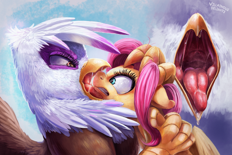 Size: 1280x854 | Tagged: suggestive, artist:ponythroat, derpibooru import, fluttershy, gilda, gryphon, drool, fetish, flutterprey, food chain, gildapred, griffons doing griffon things, head first, imminent vore, maw, mawshot, mythologically accurate, no teeth, open mouth, predator, prey, tongue out, villainous delights