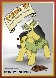 Size: 2667x3716 | Tagged: safe, artist:fatponysketches, derpibooru import, daring do, pegasus, pony, arrow, belly, book cover, chubby, clothes, daring dollop, dart, fat, hat, headlamp, overweight, parody, pith helmet, saddle bag, scroll, shirt, tight clothing, weight gain