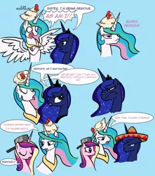 Size: 1271x1440 | Tagged: safe, artist:iraincloud, artist:zicygomar, derpibooru import, edit, princess cadance, princess celestia, princess luna, chicken, pony, colored, comic, dialogue, frying pan, funny, hat, hilarious in hindsight, meme, scootachicken, serious hat, sibling teasing, sillestia, silly, silly pony, simple background, sombrero, trollestia
