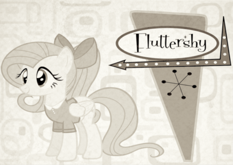 Size: 1053x745 | Tagged: 1950s, 50s, artist:thisisdashie, black and white, bow, derpibooru import, fluttershy, grayscale, part of a set, retro, safe