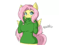 Size: 1017x786 | Tagged: anthro, artist:comet0ne, artist:teacozy1, bottomless, breasts, busty fluttershy, clothes, cute, derpibooru import, female, fluttershy, heart, heart eyes, looking at you, safe, shyabetes, signature, smiling, solo, sweatershy, wingding eyes
